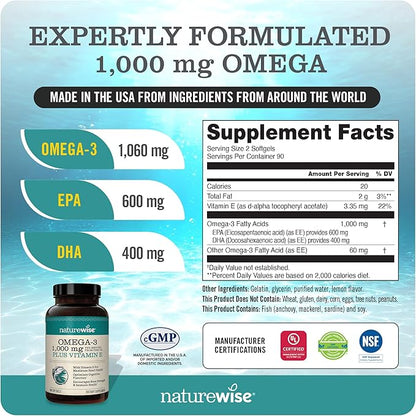 NatureWise Extra-Strength Omega 3 Fish Oil Supplement 1000mg per 600 EPA 400 DHA 180 Softgels[3-Month Softgels[3-Month Supply]