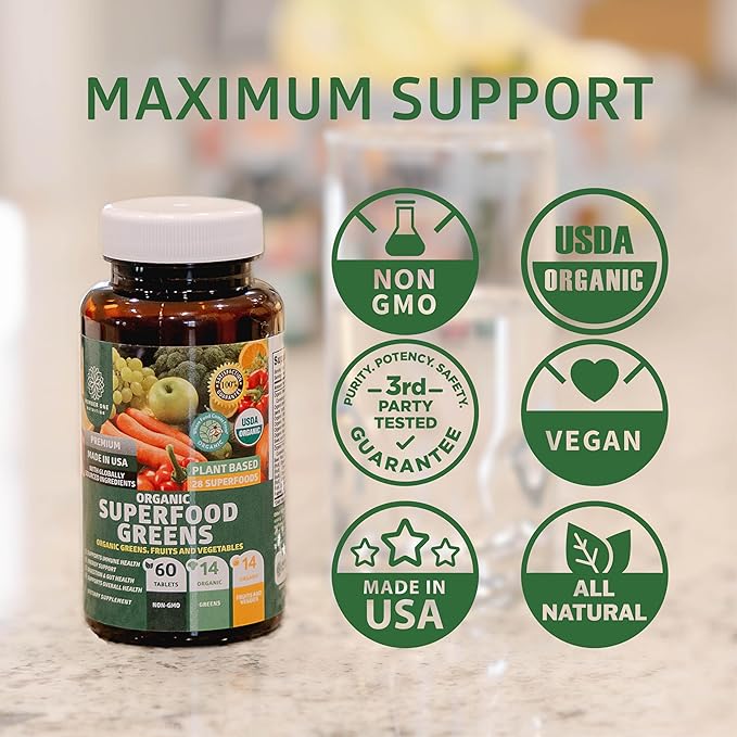 2-Pack N1N Premium Organic Green Superfood, Fruits & Veggies [28 Powerful Ingredients] Natural Supplement with Alfalfa, Beet Root & Tart Cherry for Energy, Immunity, Digestion, Made in USA, 120 Ct