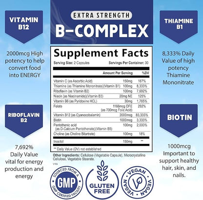 B Complex Vitamins with Vitamin B1 B2 B3 B3 B6 B6 B12 B12 B100 B100 C 60 Vegan