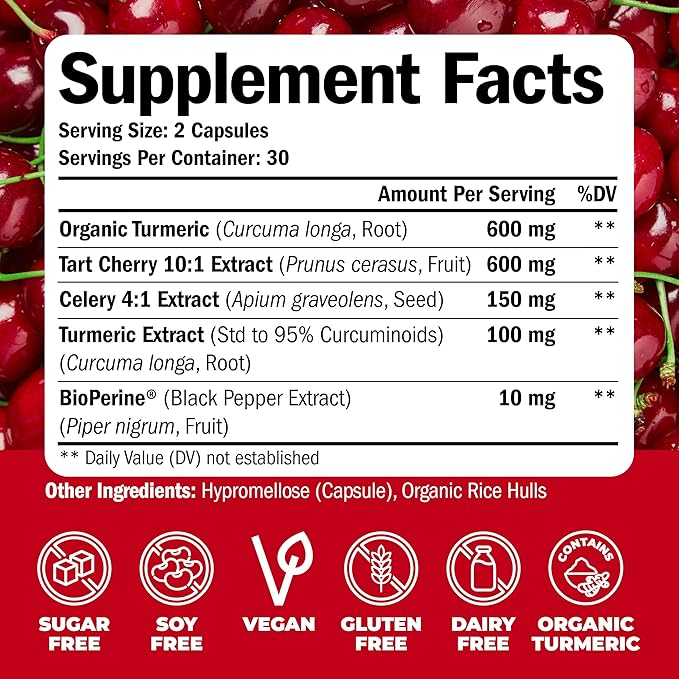 Turmeric Curcumin & Tart Cherry Extract Capsules with Black Pepper & Organic Tumeric. Tart Cherry Capsules Aid Uric Acid Balance, Joint Health, Muscle Health & Sleep. 600mg 10:1 Tart Cherry Extract