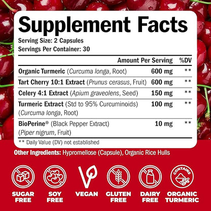 Turmeric Curcumin & Tart Cherry Extract Capsules with Black Pepper & Organic Tumeric. Tart Cherry Capsules Aid Uric Acid Balance, Joint Health, Muscle Health & Sleep. 600mg 10:1 Tart Cherry Extract