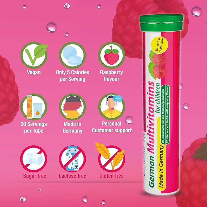 German Multvitamin for Children 8 Vitamins - 40 Vegan Drink Effervescent Tablets - Raspberry Flavor - Made in Germany