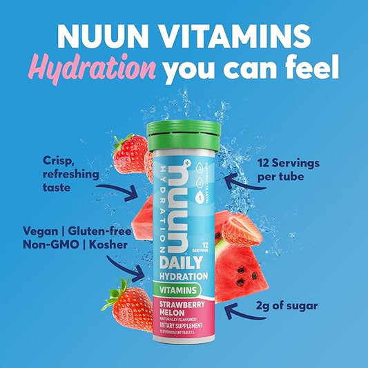 Nuun Hydration Vitamins Electrolyte Tablets, Strawberry Melon, 5 Essential Electrolytes for Hydration + Vitamin A, B6, C, D, E, with Magnesium, Vegan, Non-GMO, 8 Pack (96'Servings)
