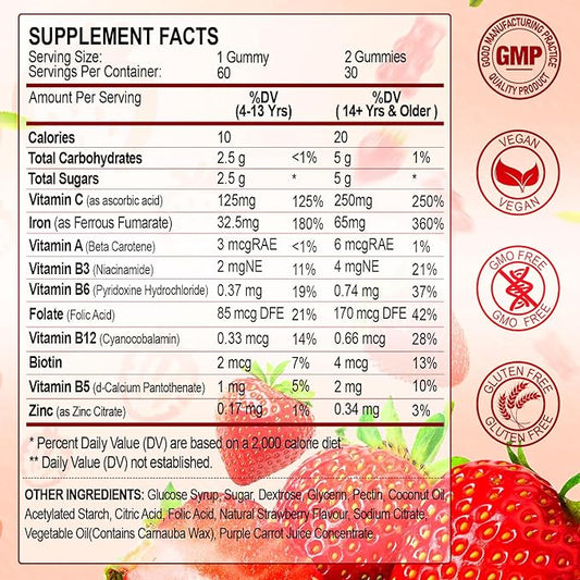 Iron Supplement Gummies for Women, Men & Kids, 65mg Iron & 250mg Vitamin C per Serving - Blood Builder & Immune Support Iron Vitamin Iron Gummy Vitamin with Folate, 2 Pack