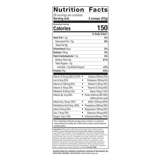 Bariatric Advantage High Protein Meal Replacement Drink Mix, Protein Powder Whey Isolate for Gastric Bypass and Sleeve Gastrectomy Patients, 27g Protein, Lactose Free - Vanilla - 28 Servings