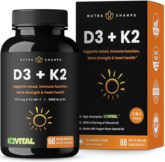 NutraChamps D3 with K2 MK7 Supplement 5000 IU 3 & 100 mcg 2 MK-7 MK-7 | 60 Vitamin K2 D3 D3 Capsules