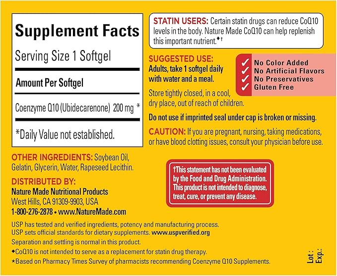 Nature Made CoQ10 200mg, Dietary Supplement 105 Softgels, 105 Day
