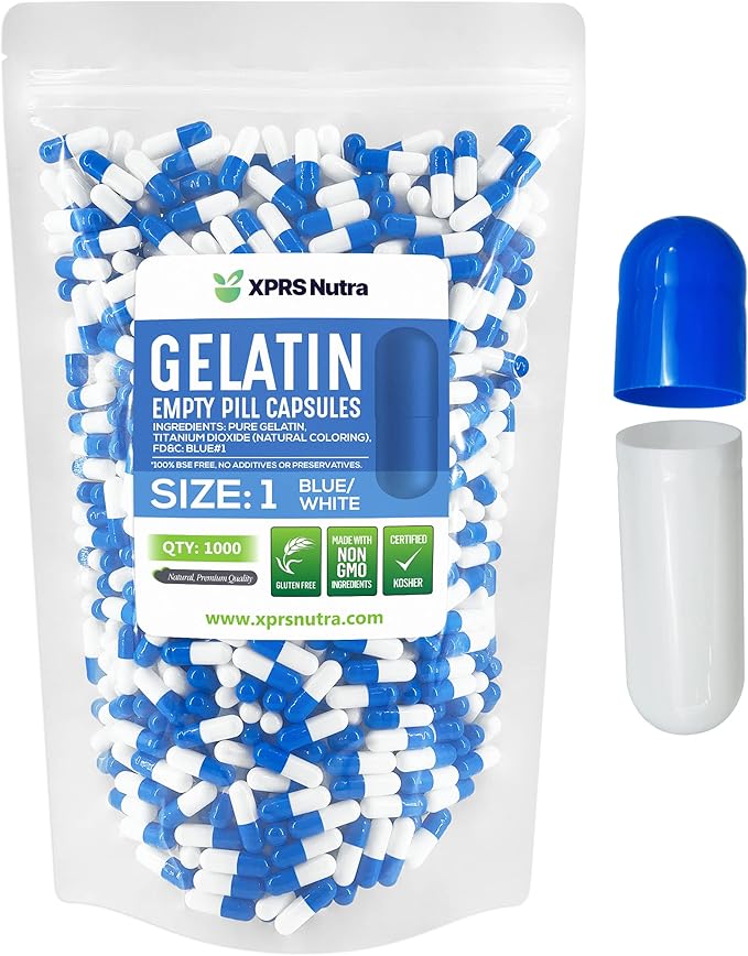 XPRS Nutra Size 1 Empty Capsules - 1000 Count Empty Gelatin Capsules - Empty Pill Capsules - DIY Capsule Filling - Pure Bovine Pill Capsules Empty Gel Caps (Blue/White)
