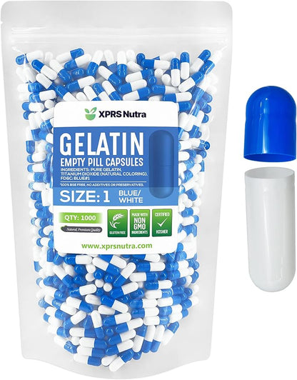 XPRS Nutra Size 1 Empty Capsules - 1000 Count Empty Gelatin Capsules - Empty Pill Capsules - DIY Capsule Filling - Pure Bovine Pill Capsules Empty Gel Caps (Blue/White)
