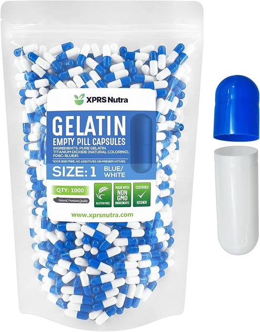 XPRS Nutra Size 1 Empty Capsules - 1000 Count Empty Gelatin Capsules - Empty Pill Capsules - DIY Capsule Filling - Pure Bovine Pill Capsules Empty Gel Caps (Blue/White)