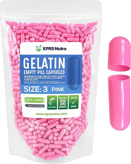 XPRS Nutra Size 3 Empty Capsules - 1000 Count Empty Gelatin Capsules - Empty Pill Capsules - DIY Capsule Filling - Pure Bovine Pill Capsules Empty Gel Caps (Pink)