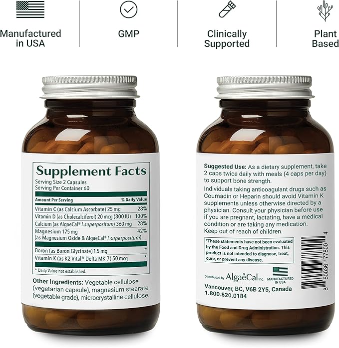 ALGAECAL Plus - Organic Red Algae K2 MK7 MK7 (100mg), (100mg), Vitamin D3 (1600 (1600 IU), (250mg) & 3 Month