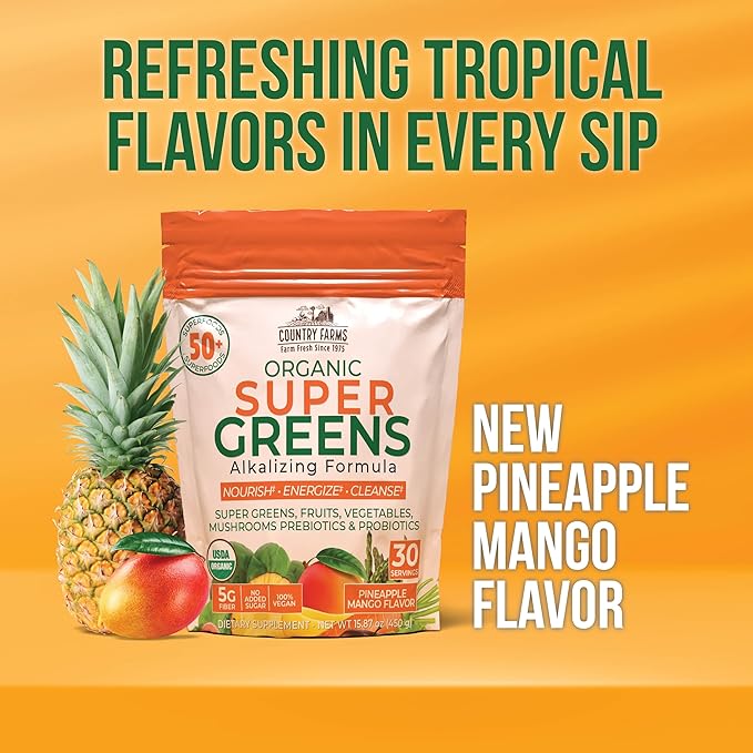 COUNTRY FARMS Super Greens Pineapple-Mango Flavor, 50 Organic 30 Servings