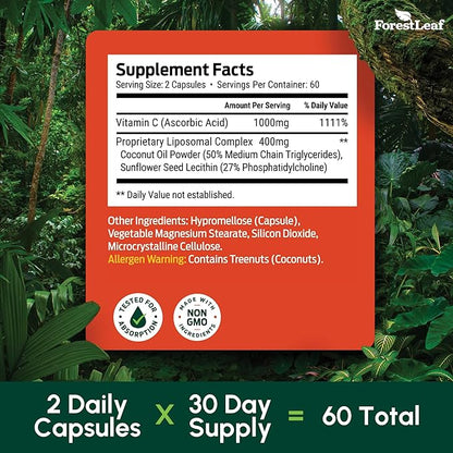 ForestLeaf Liposomal C - 1000mg Capsules - Immune Booster with MCT Oil & Sunflower Lecithin - Superior Absorption - High Dose C (Unflavored - 120 Veg Cap)