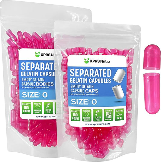 XPRS Nutra Gelatin Size 0 Separated Capsules - 100 Count Empty Capsules Separated in Bags - Size 0 Gelatin Capsules - Empty Gelatin Capsules for DIY Supplement Filling (Azalea Pink)