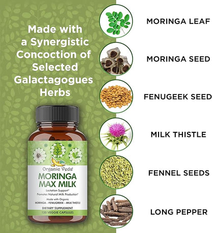 Organic Veda Moringa Max Milk Lactation Supplement 120 Count