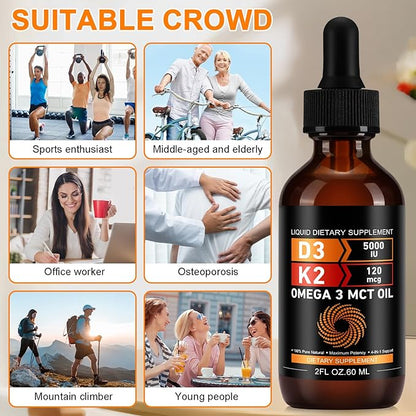Vitamin D3 5000 IU & K2 (MK-7) 120 mcg 60ml Drops with MCT Oil Omega 3, Liquid Vitamin D3 & K2 Supplements - 2 Months Supply -Supports Bones, Teeth, Mood & Immune System, Calcium Absorption