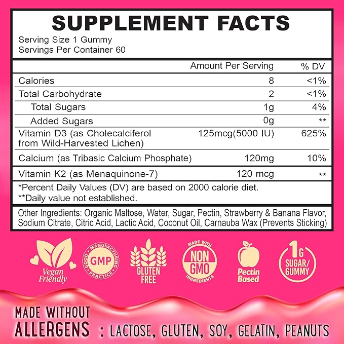 Center-Filled Vitamin D3 K2 Gummies - Kids, Teens & Adults - Supplement for Healthy Teeth, Bone, Energy & Immunity - 5000 IU D3, 120 mcg K2(MK-7), 120 mg Calcium - Vegan & Non-GMO - 60 Count