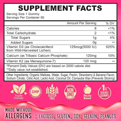 Center-Filled Vitamin D3 K2 Gummies - Kids, Teens & Adults - Supplement for Healthy Teeth, Bone, Energy & Immunity - 5000 IU D3, 120 mcg K2(MK-7), 120 mg Calcium - Vegan & Non-GMO - 60 Count