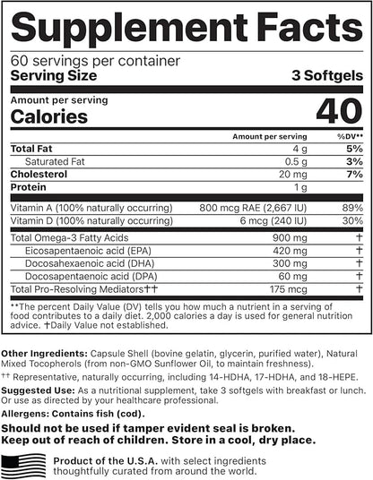 Jigsaw Health Alaskan Cod Liver Oil 900 mg Omega-3s with 180 Softgels 60 Servings