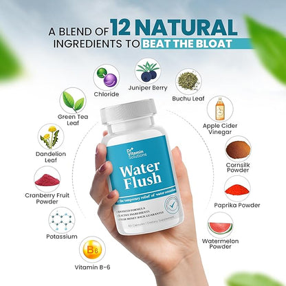 DR VITAMIN SOLUTIONS Diuretic Water Pills for Weight Control, 12 Active Ingredients (Green Tea, Cranberry & More), Instant Relief from Bloat & Swelling, Water Retention Pills for Women & Men - 60 Caps