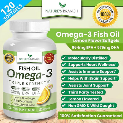 Best Triple Strength Omega 3 Fish 2400mg | 120 Capsules 864mg EPA 576mg DHA