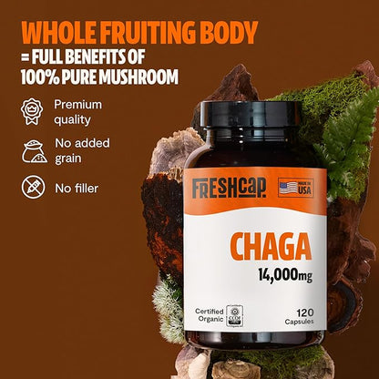 FreshCap Chaga Mushrooms Capsules 14,000mg - Chaga Mushroom Supplement, Mushroom Extract Antioxidants Supplement, Mushrooms Herbal Supplements, Ayurveda Nootropic Immunity Supplement (120 Capsules)