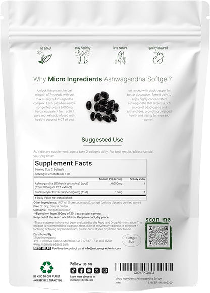 Ashwagandha Supplements 6,000mg Per Serving | 300 Coconut MCT Oil Softgels with Black Pepper for Better Absorption | Potent Root Extract | Natural Herbal Support for Relaxation | Non-GMO
