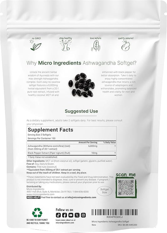 Ashwagandha Supplements 6,000mg Per Serving | 300 Coconut MCT Oil Softgels with Black Pepper for Better Absorption | Potent Root Extract | Natural Herbal Support for Relaxation | Non-GMO