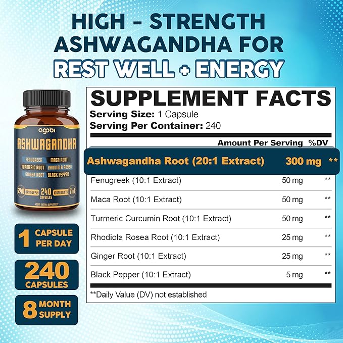 240 Capsules - 8 Month Supply 7in1 Ashwagandha 8050mg -