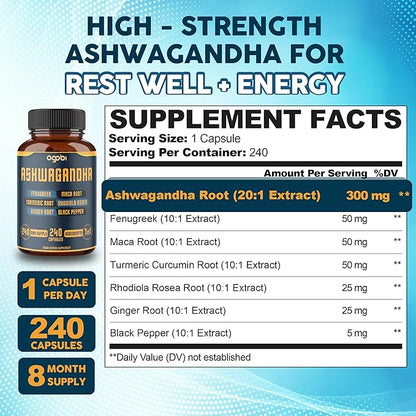 240 Capsules - 8 Month Supply - 7in1 Ashwagandha 8050mg - Combined with Fenugreek, Maca, Turmeric, Rhodiola, Ginger, and Black Pepper - Mood, Strength, Spirit and Energy Support Supplement