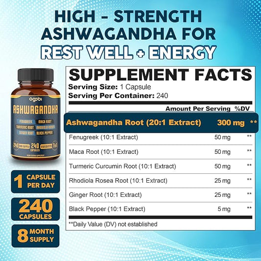 240 Capsules - 8 Month Supply - 7in1 Ashwagandha 8050mg - Combined with Fenugreek, Maca, Turmeric, Rhodiola, Ginger, and Black Pepper - Mood, Strength, Spirit and Energy Support Supplement