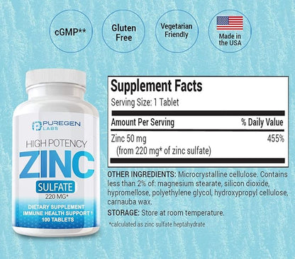 Puregen Labs Zinc Sulfate 220 mg Dietary Supplement Tablets - 100 Count (Pack of 2)