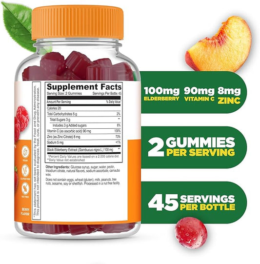 Lifeable Immune Support Gummies for Adult | Elderberry Vitamin C and Zinc | Great Tasting Elderberry Immune Support Supplement Gummies | Immunity Gummies for Adults, Men, Women | 90 Gummies