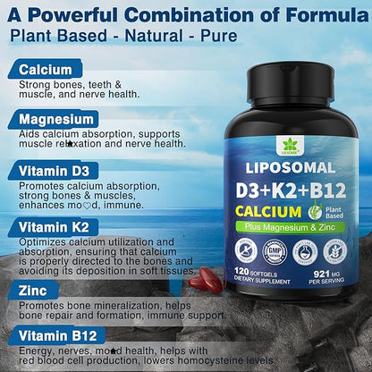 6-in-1 Liposomal Vitamin D3 K2 Calcium Supplement - Plant Based Calcium 600mg with Vegan Vitamin D3 5000 iu + Vitamin K K2 MK7 + B12, Algae Ca-lcium Magnesium Zinc for Bone, Softgels, 2 Pack