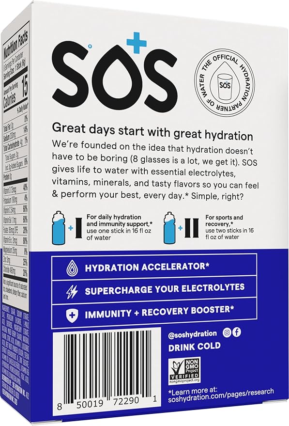 SOS Hydration Electrolyte Powder Packets, Mixed Berry Flavor, 8 Stick Packs – Low-Calorie, Rapid Rehydration, Made in USA, Keto & Vegan Friendly