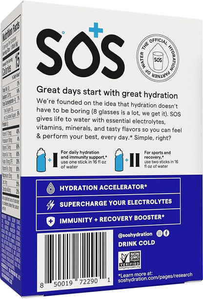 SOS Hydration Electrolyte Powder Packets, Mixed Berry Flavor, 8 Stick Packs – Low-Calorie, Rapid Rehydration, Made in USA, Keto & Vegan Friendly