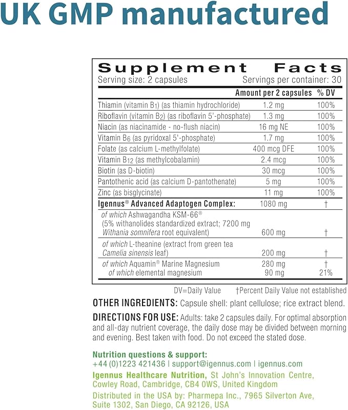 Advanced Ashwagandha KSM-66, L-Theanine & Magnesium, Ashwagandha For Men and Women, Multi Action Adaptogen Complex for Stress Support with Zinc & B Vitamins, Clean Label, 60 Vegan Capsules, by Igennus