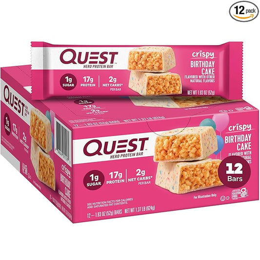 Quest Nutrition Crispy Birthday Cake Hero Protein Bar, 17g Protein, 1g Sugar, 2g Net Carbs, Gluten Free Protein Snack, Keto Friendly, 12 Count