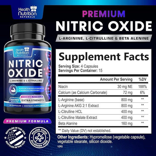 Extra Strength Nitric Oxide Supplement L Arginine 3X Strength - Citrulline Malate, AAKG, Beta Alanine - Premium Muscle Supporting Nitric Booster for Energy & Strength to Train Harder - 60 Capsules