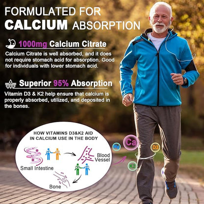 Sugar-Free Calcium Citrate Gummies 1000mg, Vitamin D3 K2, Magnesium, Zinc, Boron, Manganese, Copper for Bone, Muscle & Immune, Ultimate Absorption Calcium Supplements for Women & Men - Vegan, 60 Count