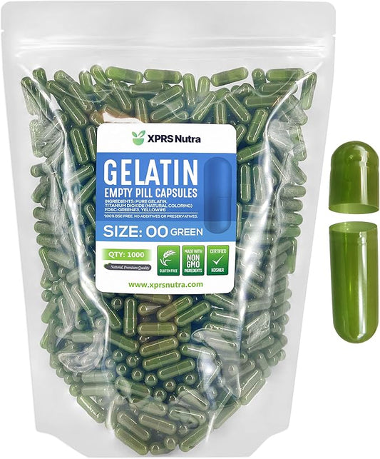 XPRS Nutra Size 00 Empty Capsules - 1000 Count Empty Gelatin Capsules - Empty Pill Capsules - DIY Capsule Filling - Fillable Pill Capsules Empty Gel Caps (Green)