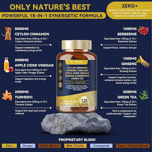 18-in-1 Ceylon Cinnamon Capsules, Ultra Strength 8000mg, Berberine Heart,120 Caps