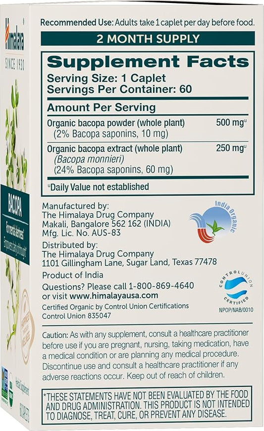 Himalaya Organic Bacopa Monnieri Nootropic Herbal 750 mg, 60 Plant-Based 2 Pack, 120 Day
