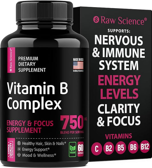 Vitamin B-Complex Capsules B1 B2 B2 B3 B3 B5 B5 B6 B6 B7 B7 B9 B9 B12, B12, Biotin, 60 Capsules