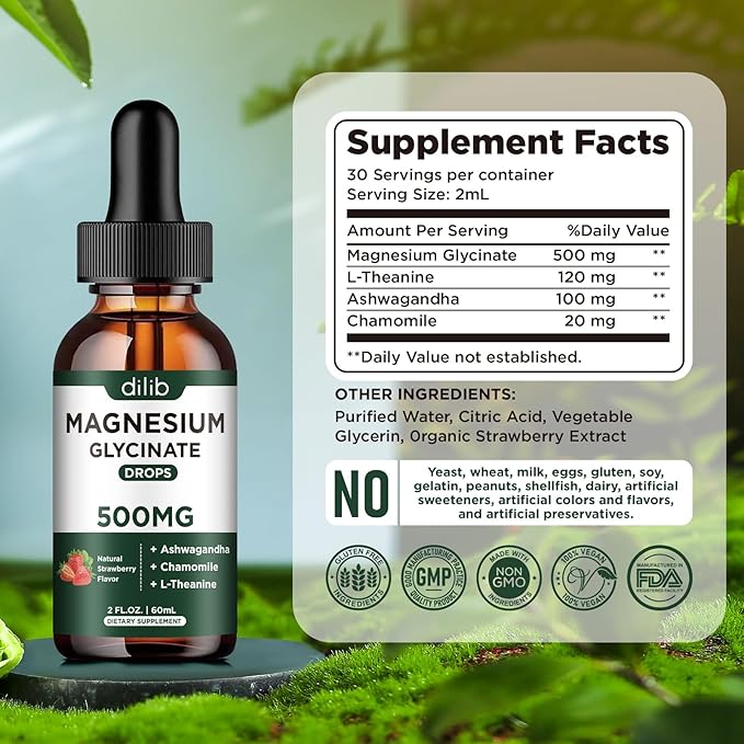 Magnesium Glycinate Supplement, Magnesium Liquid Drops 500mg Ashwagandha,
