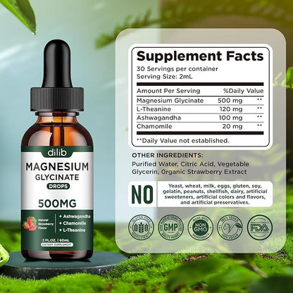 Magnesium Glycinate Supplement, Magnesium Liquid Drops 500mg Ashwagandha,