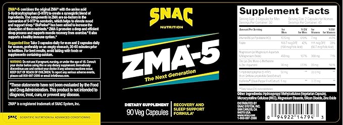 SNAC ZMA-5 Sleep Aid Supplement, Promote Muscle Recovery & Growth, Immune Support, & Restorative Sleep with Zinc, Magnesium & 5-HTP, Post Workout, Before Bed ZMA Supplements 90 Veggie Capsules