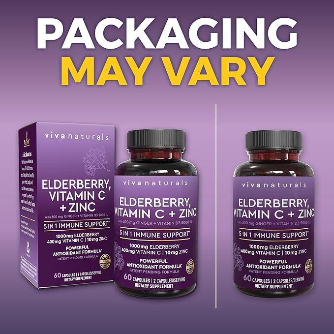 Viva Naturals Sambucus Elderberry with Zinc and Vitamin C for Adults, Vitamin D 5000 IU and Ginger - Immune Support Supplement, 60 Count - Black Dried Elderberry Capsules for Adults