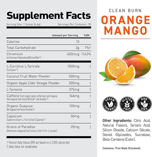 Kaged Clean Burn Powder | Orange Mango | Thermogenic Weight Management | Boost Metabolism | Organic Caffeine, Apple Cider Vinegar | Supplements for Men & Women | 30 Servings